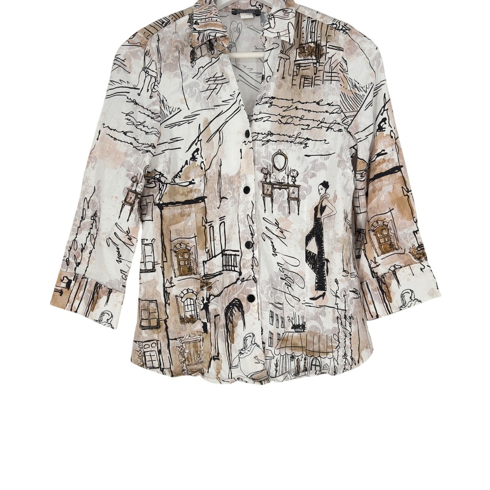 Dolcezza Women's XS Button Down 3/4 Sleeve‎ Top Paris Sketch Print Blouse
